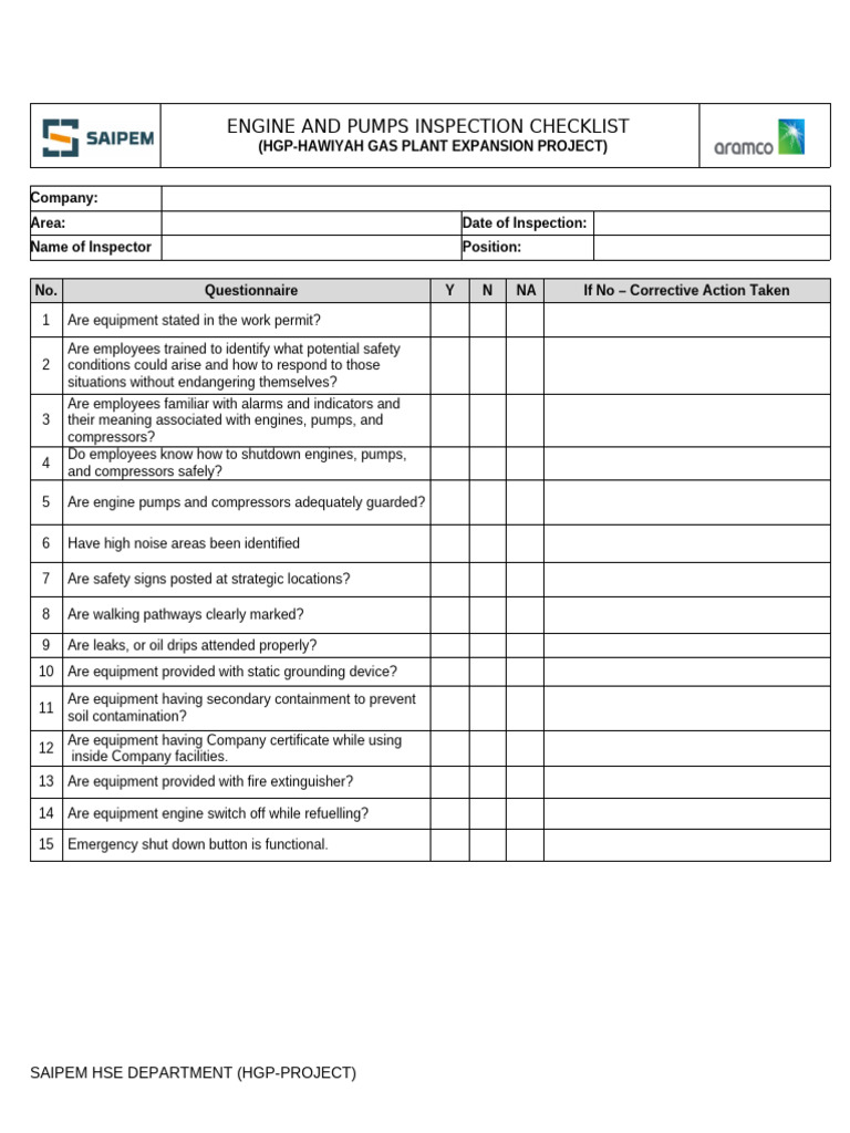 Engine and Pump Inspection Checklist | PDF | Technology & Engineering