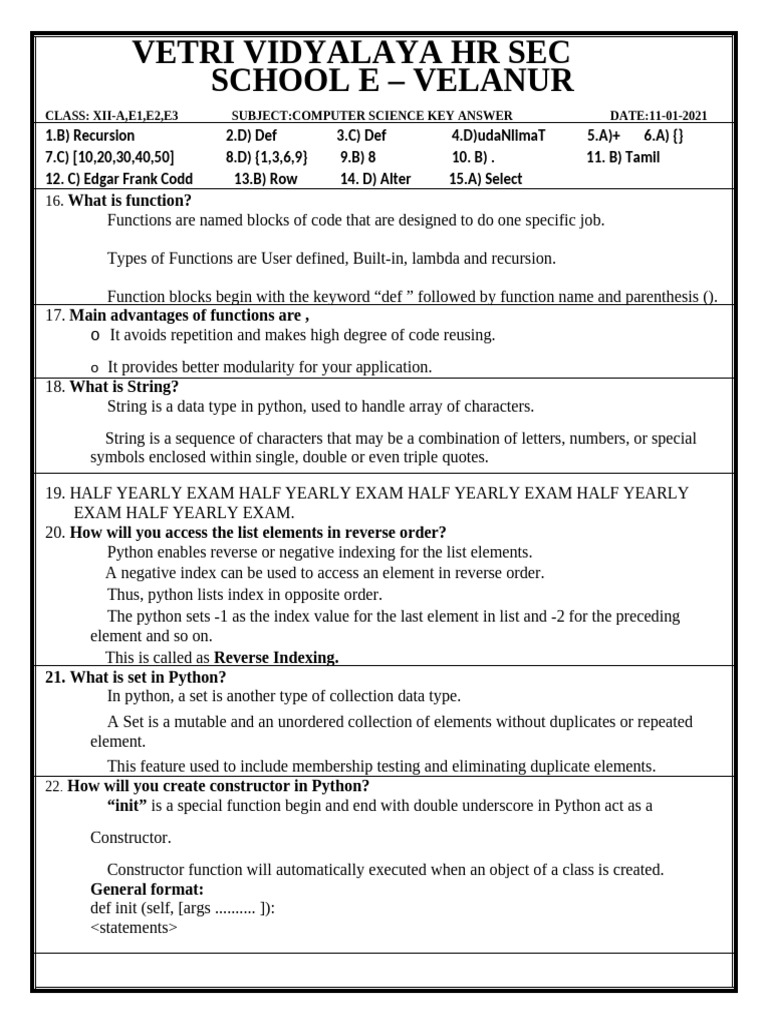 Computer Science Exam Answer Key | PDF | Databases | Computer Programming