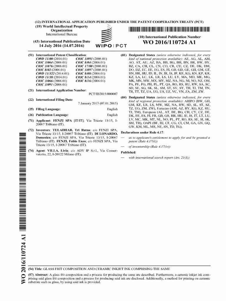 WO2016110724A1 Glass Frit Composition and Ceramic Inkjet Ink Comprising ...