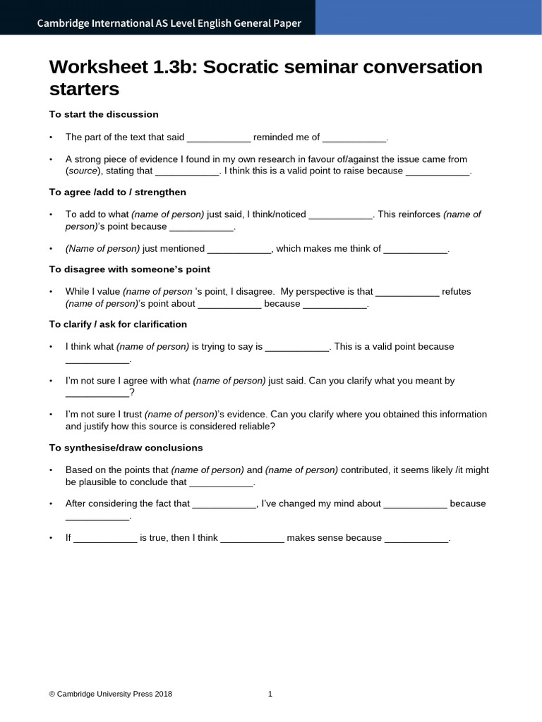 Worksheet 1 3b Socratic Seminar Conversation ASAL General Paper PDF