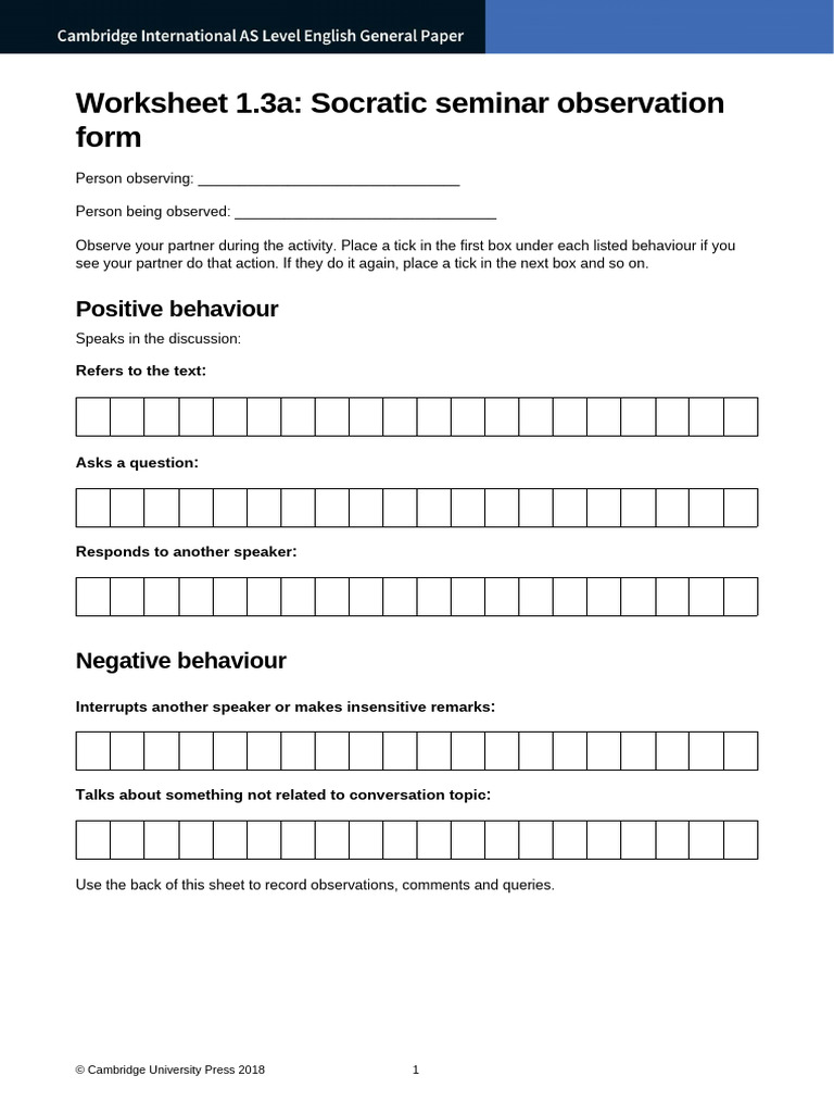 Worksheet 1 3a Socratic Seminar Observation ASAL General Paper PDF