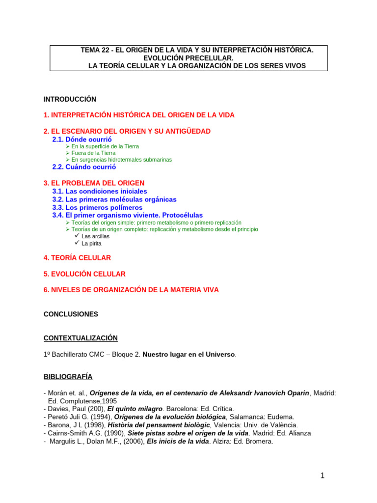 Tema-22 Origen de La Vida | PDF | Biología Celular) | Abiogénesis
