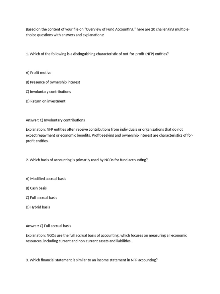 Fund Accounting Quiz: 20 Challenging Questions | PDF | Fund Accounting ...