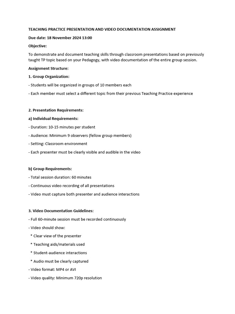 Teaching Practice Presentation and Video Documentation Assignment | PDF