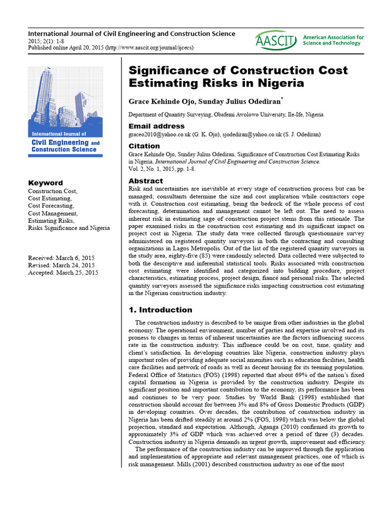 Construction Cost Estimating Risks in Nigeria | PDF | Risk | Risk ...