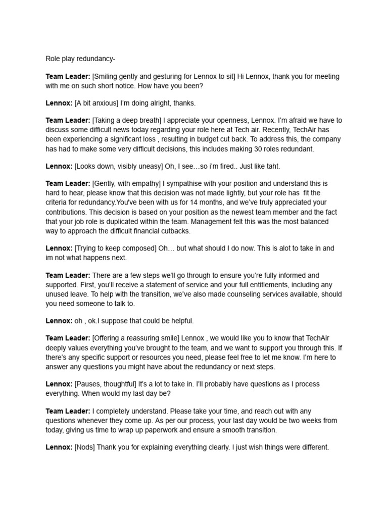 Redundancy Role Play Script | PDF | Career & Growth