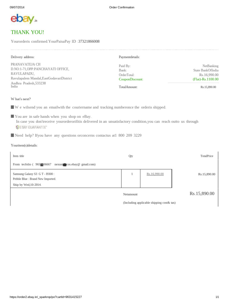 Samsung Galaxy S3 Order Confirmation | PDF
