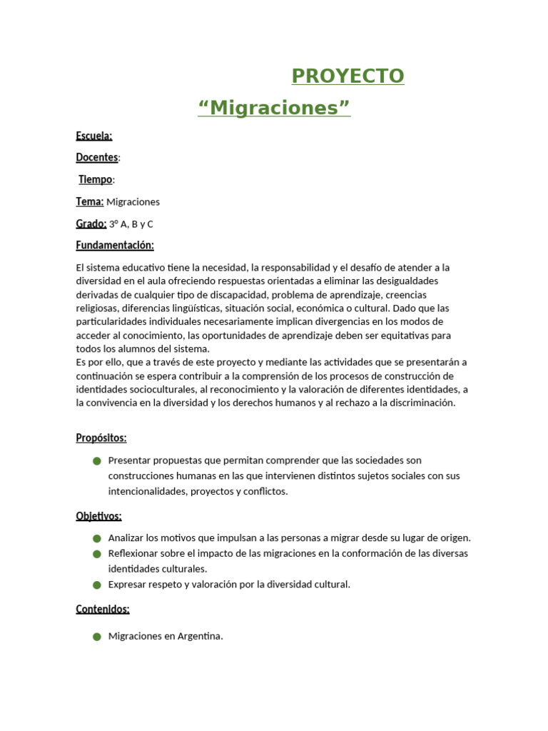 Proyecto Educativo sobre Migraciones | PDF | Migración humana | Aprendizaje