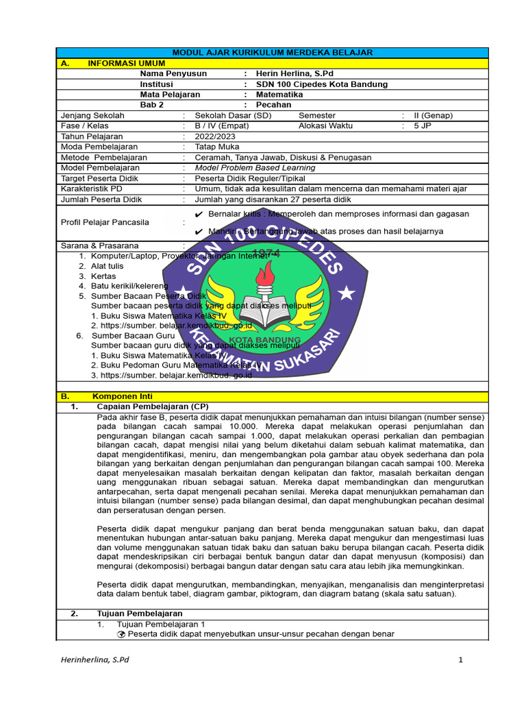 Modul Ajar Pecahan Kelas 4 SD | PDF