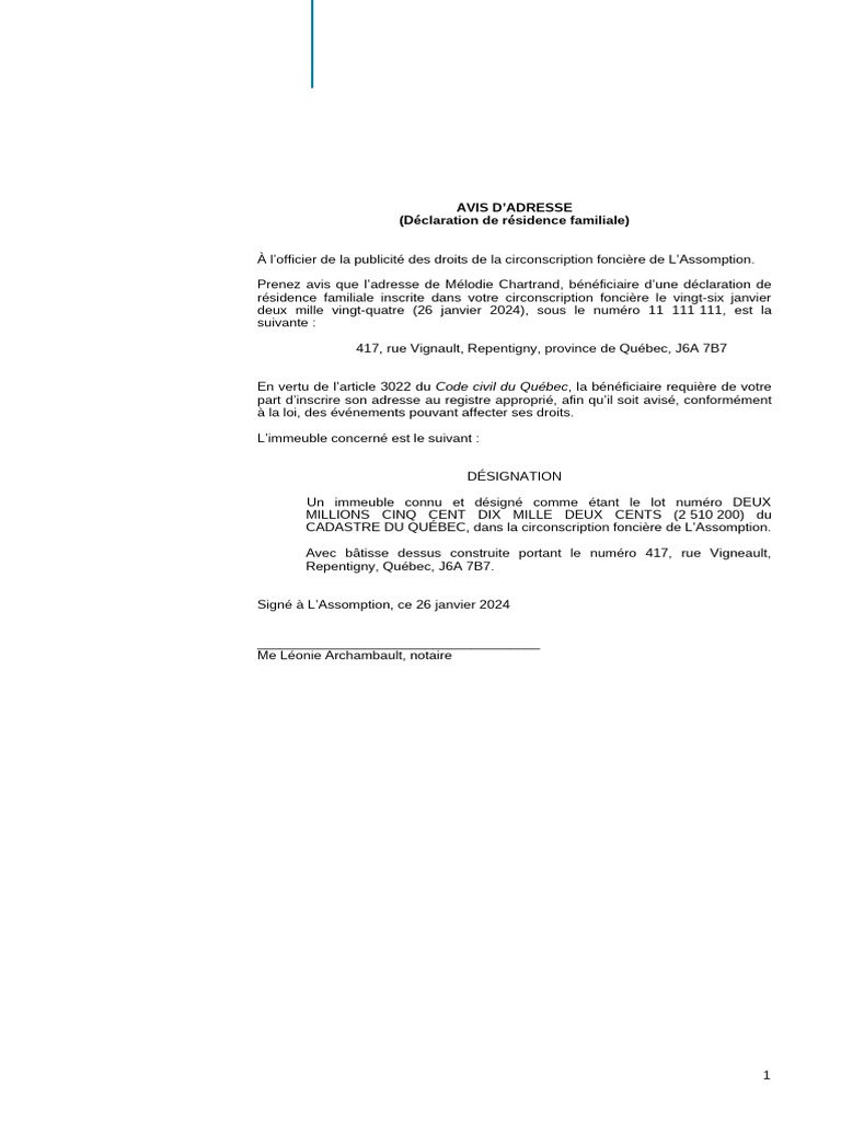 Avis d'adresse de Mélodie Chartrand | PDF