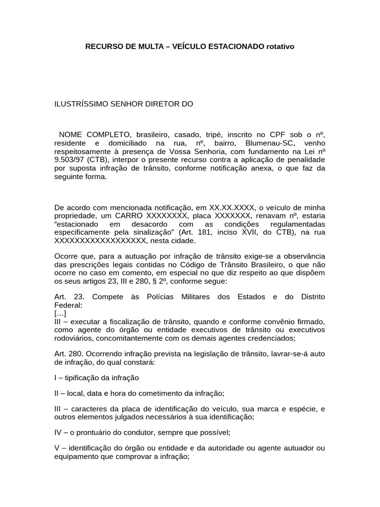 Recurso de Multa de Estacionamento Rotativo | PDF | Tráfego | Justiça