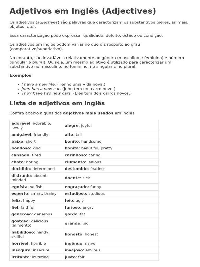 Adjetivos em Inglês 2024 | PDF | Adjetivo | Morfologia