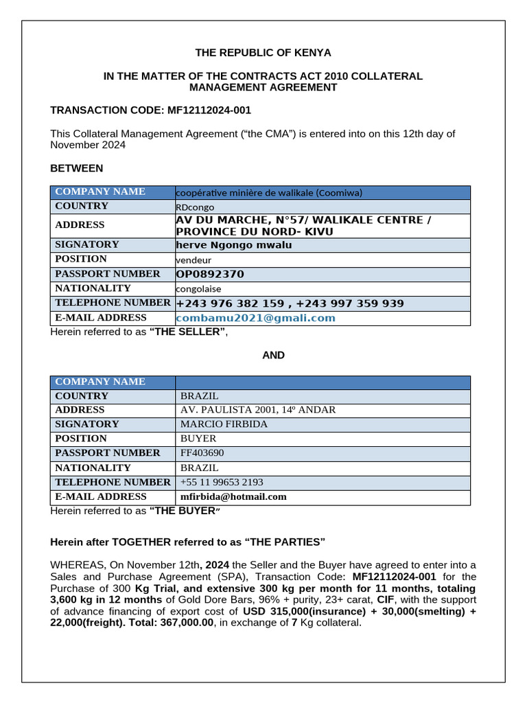 Collateral Management Agreement for Gold | PDF | Private Law | Business