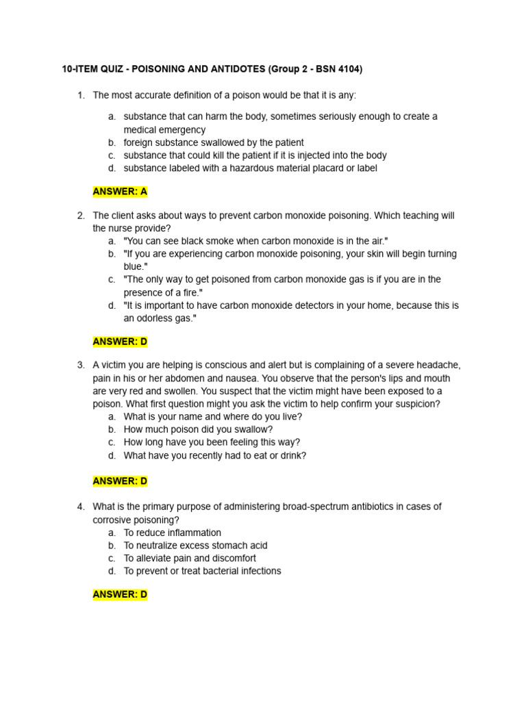 Poisoning and Antidotes Quiz Insights | PDF | Clinical Medicine