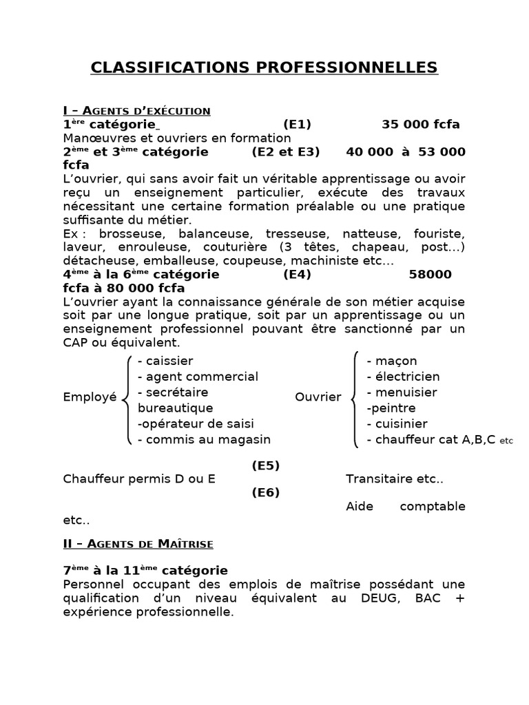 Classification des Catégories Professionnelles | PDF | Niveaux d ...