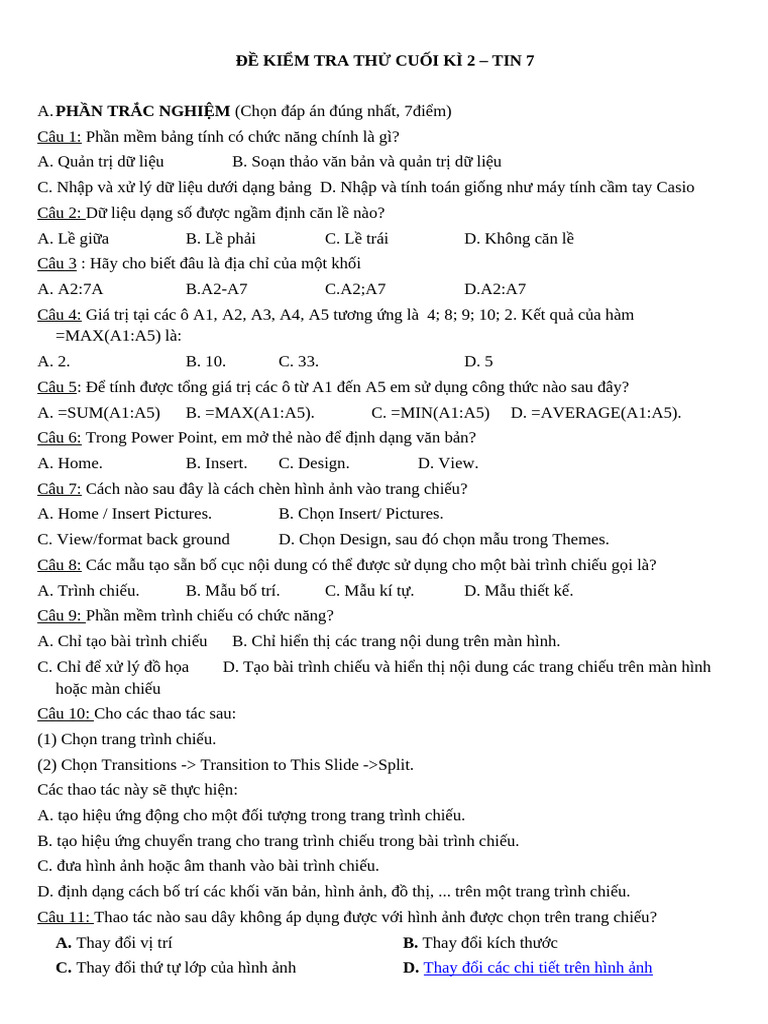 Đề Kiểm Tra Thử Cuối Kì 2 Tin Hc | PDF