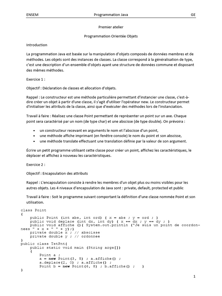 Atelier Java : Programmation Orientée Objets | PDF | Classe ...