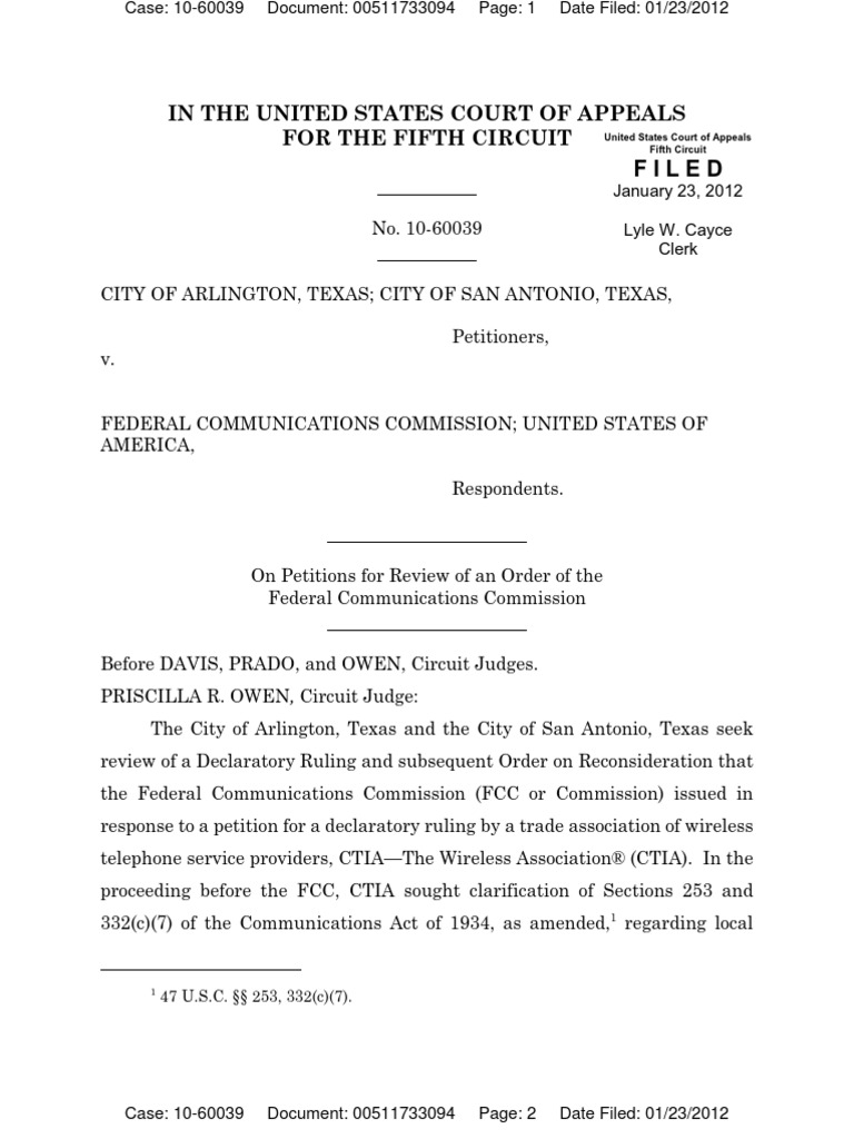 Arlington San Antonio v FCC Fifth Circuit Decision 10-60039-CV0