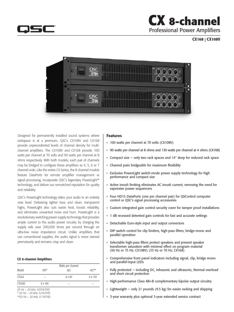 QSC CX168 and CX108V Amplifier Specs | PDF | Amplifier | Decibel