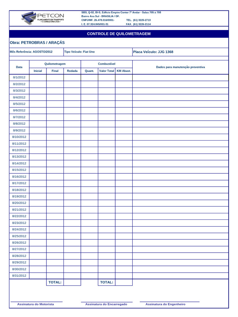 Controle De Quilometragem Fiat Uno PDF Tecnologia E Engenharia