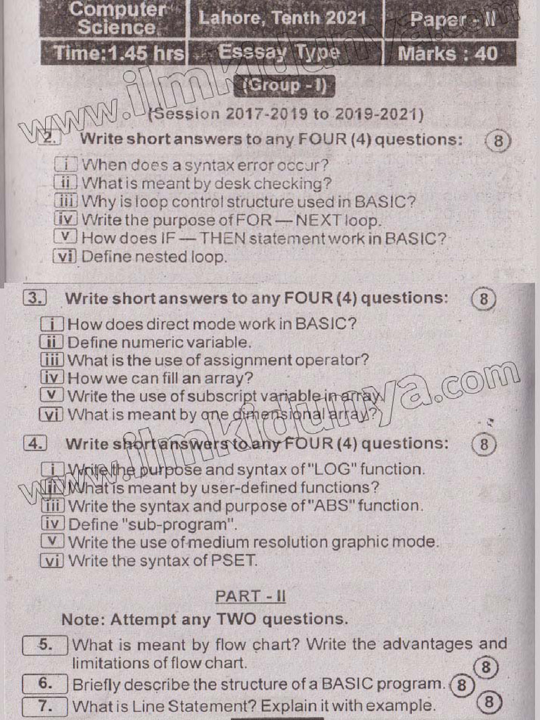 Past Paper 10th Class Lahore Board Computer Science Group I English ...