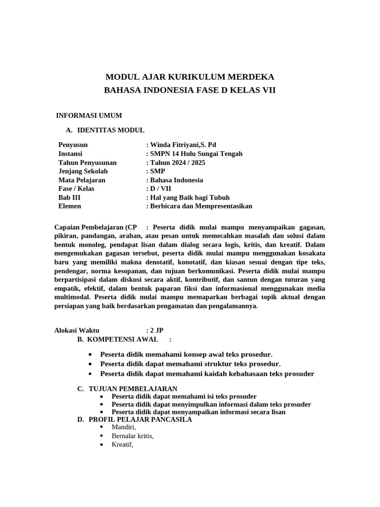 Modul Ajar Bahasa Indonesia Kelas VII | PDF