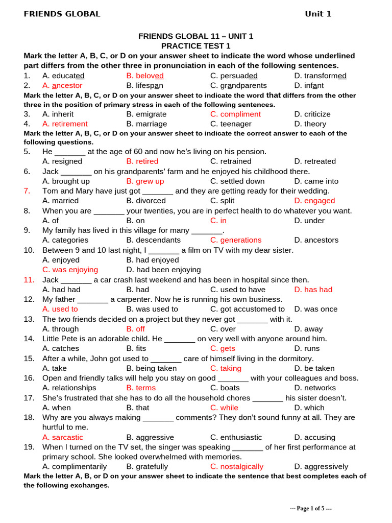 Friends Global Unit 1 Practice Test | PDF