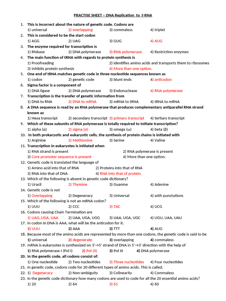 Practise Sheet Till T-RNA | PDF | Genetic Code | Rna