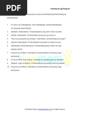 kaantasan ng pang uri 6 worksheets pdf