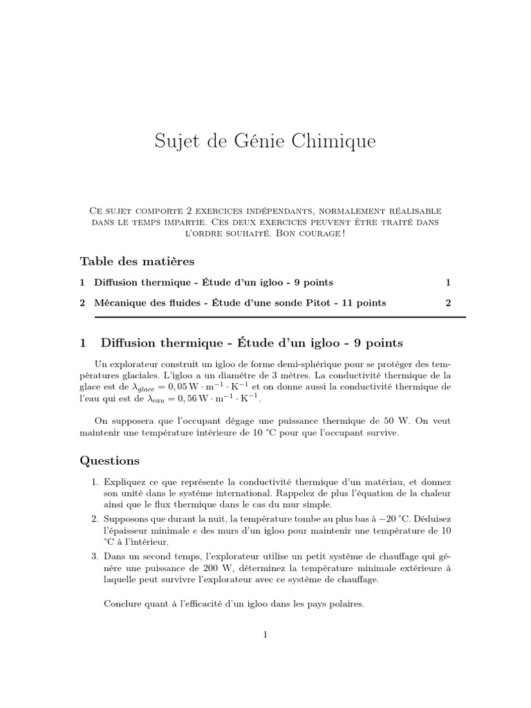 Exercices de Génie Chimique : Igloo et Sonde Pitot | PDF | Conduction ...