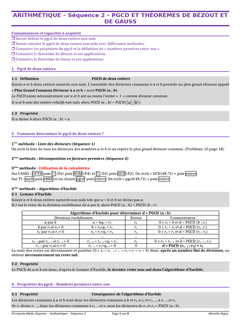 PGCD et Théorèmes de Bézout et Gauss | PDF | Entier naturel | Nombre ...