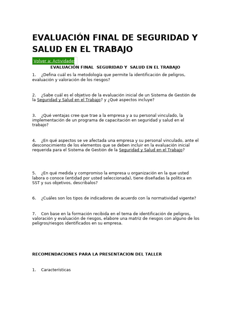 2 Taller Evaluación Final De Seguridad Y Salud En El Trabajo Pdf