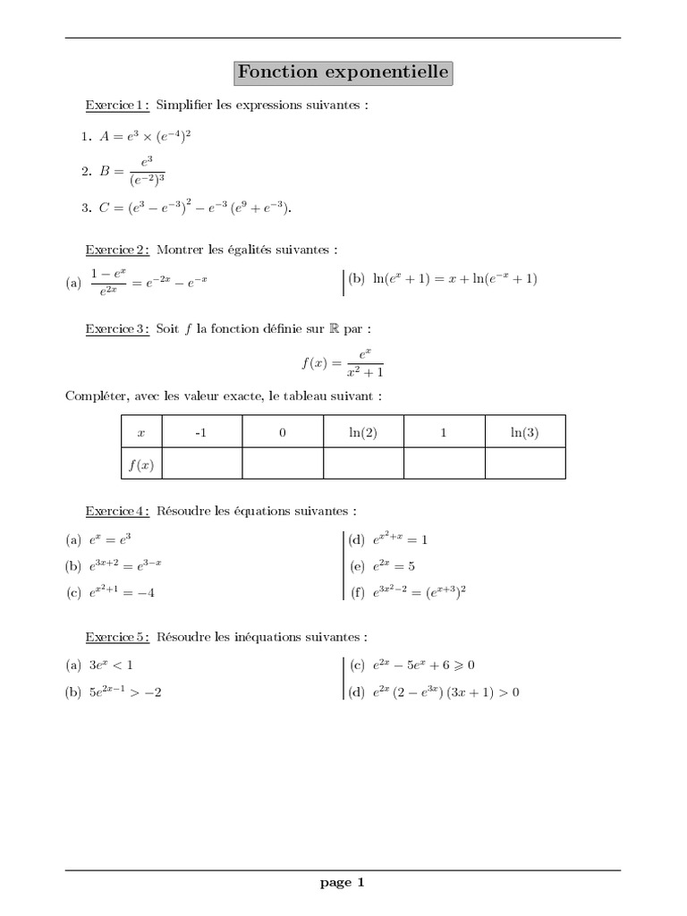Exercices sur la fonction exponentielle | PDF