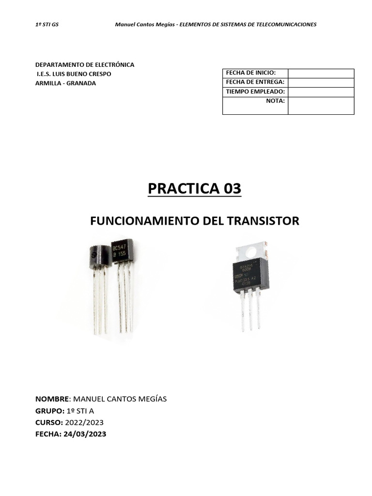 P03 - Funcionamiento Transistor - Manuelcantosmegías | PDF | Transistor ...