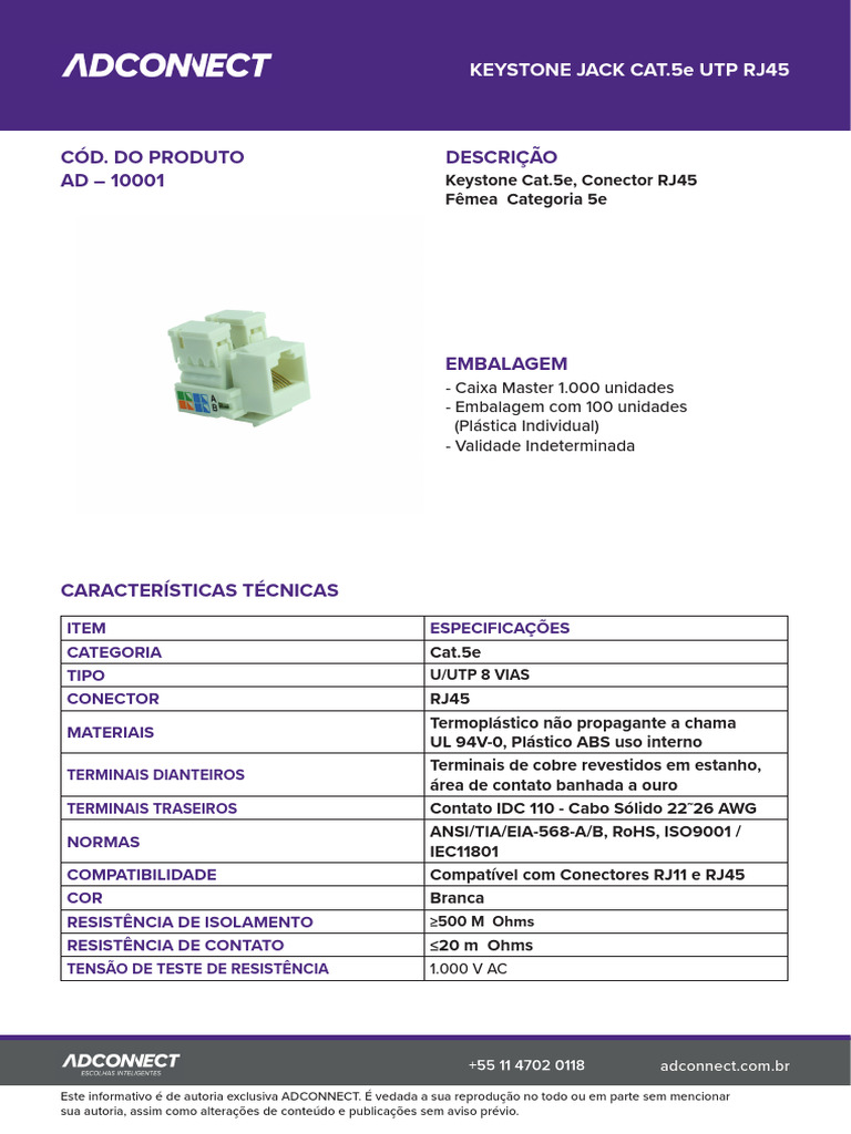 Keystone Jack Cat.5e UTP RJ45 Especificações | PDF