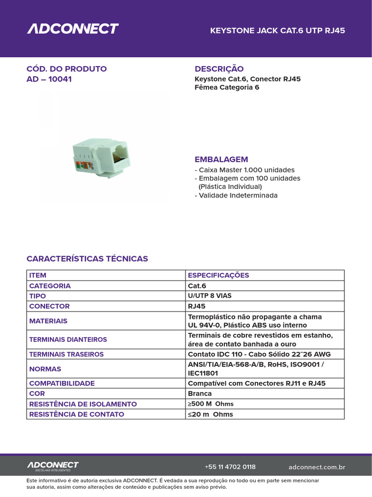 Keystone Jack Cat.6 UTP RJ45 Especificações | PDF