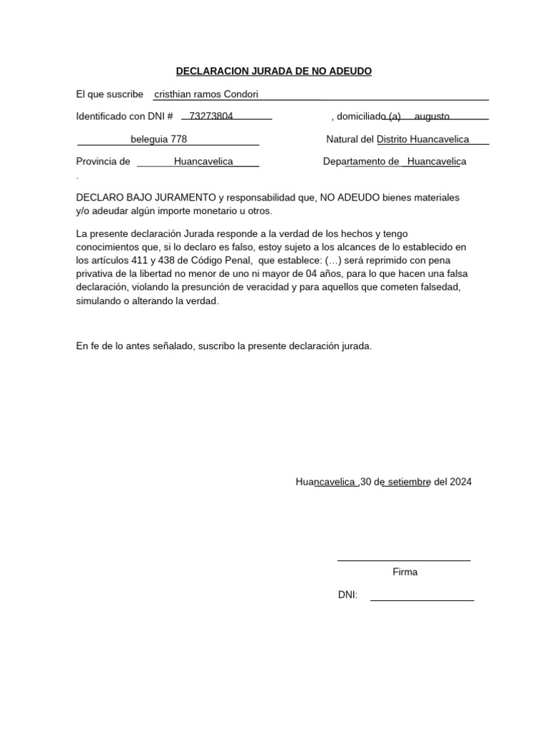 Declaración Jurada de No Adeudo | PDF