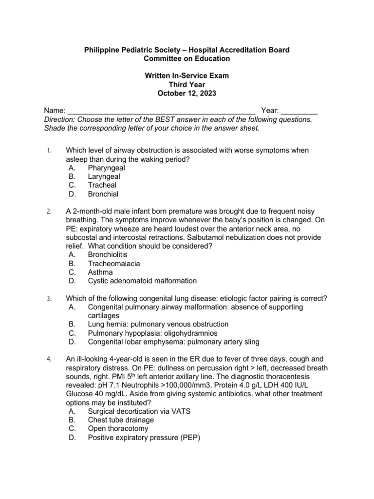 Pediatric In-Service Exam Questions | PDF | Respiratory Diseases | Lung