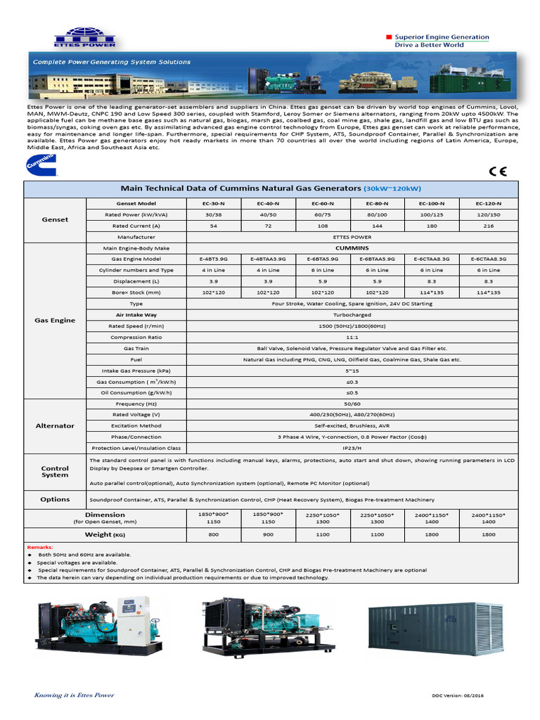 Cummins Natural Gas Generator Specs | PDF | Natural Gas | Engines