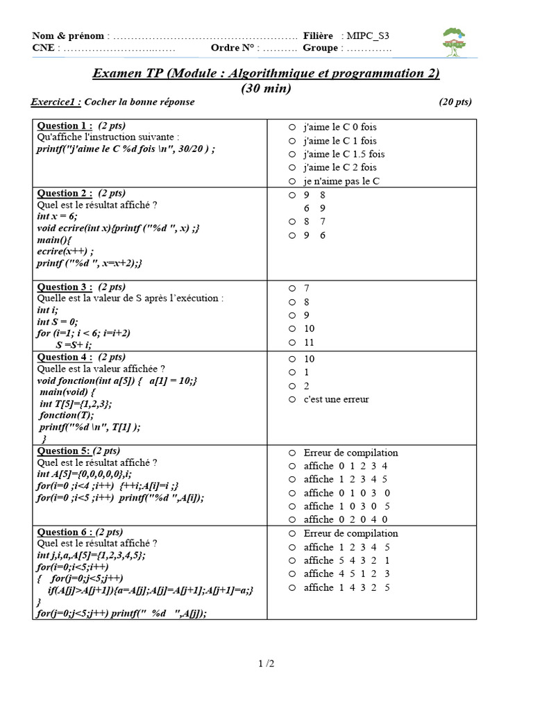 Examen TP Algorithmique et Programmation 2 | PDF | Programmation ...