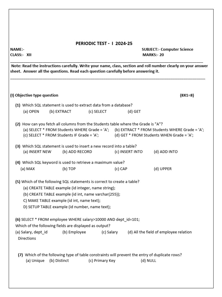 Database Concepts Test - Class XII | PDF | Table (Database) | Data