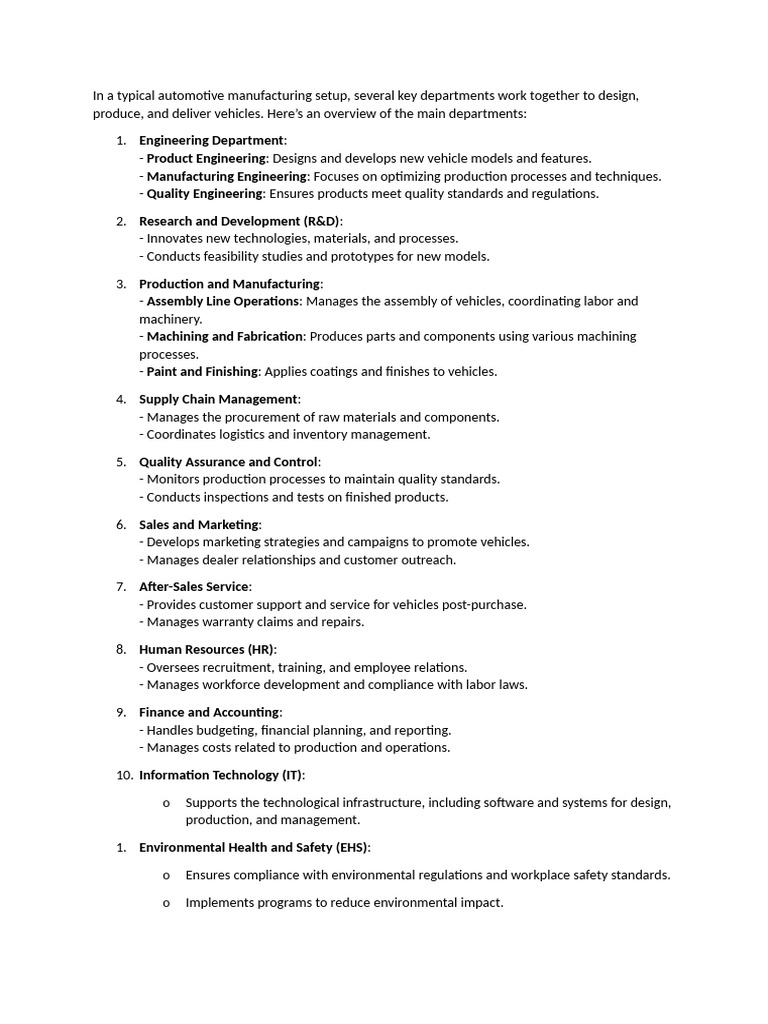 Key Departments in Automotive Manufacturing | PDF | Engineering | Logistics