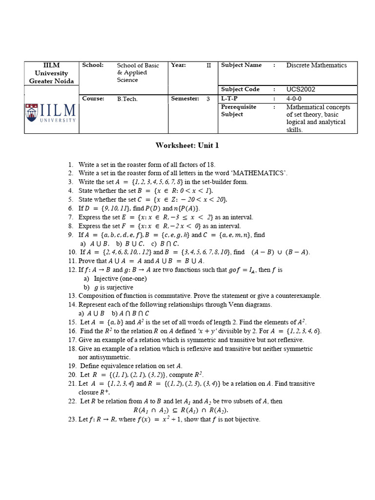 Discrete Mathematics Worksheet for B.Tech | PDF | Mathematics | Science