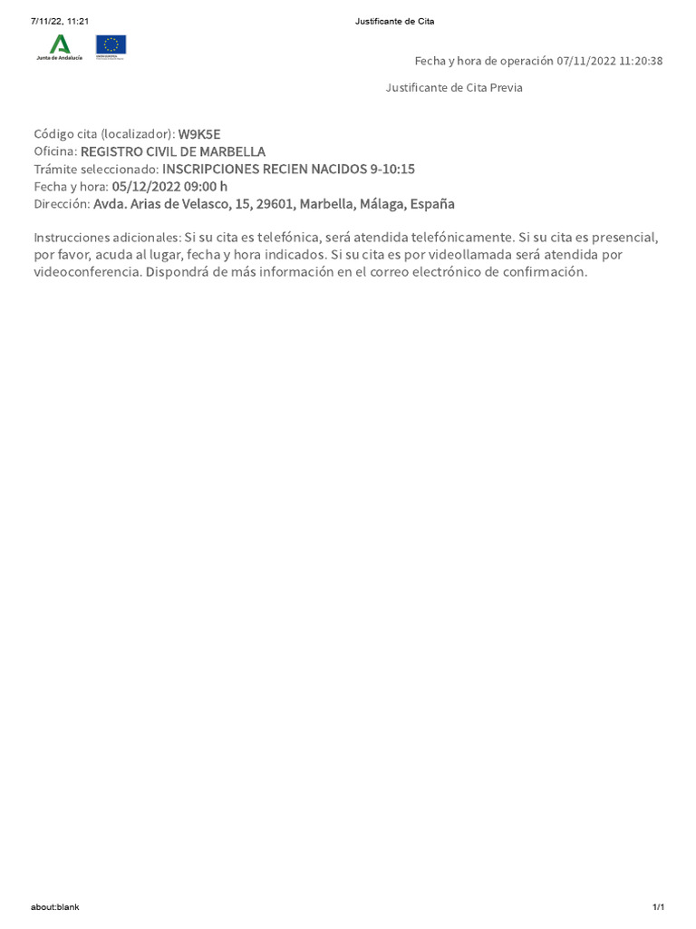 Justificante de Cita Registro Civil | PDF
