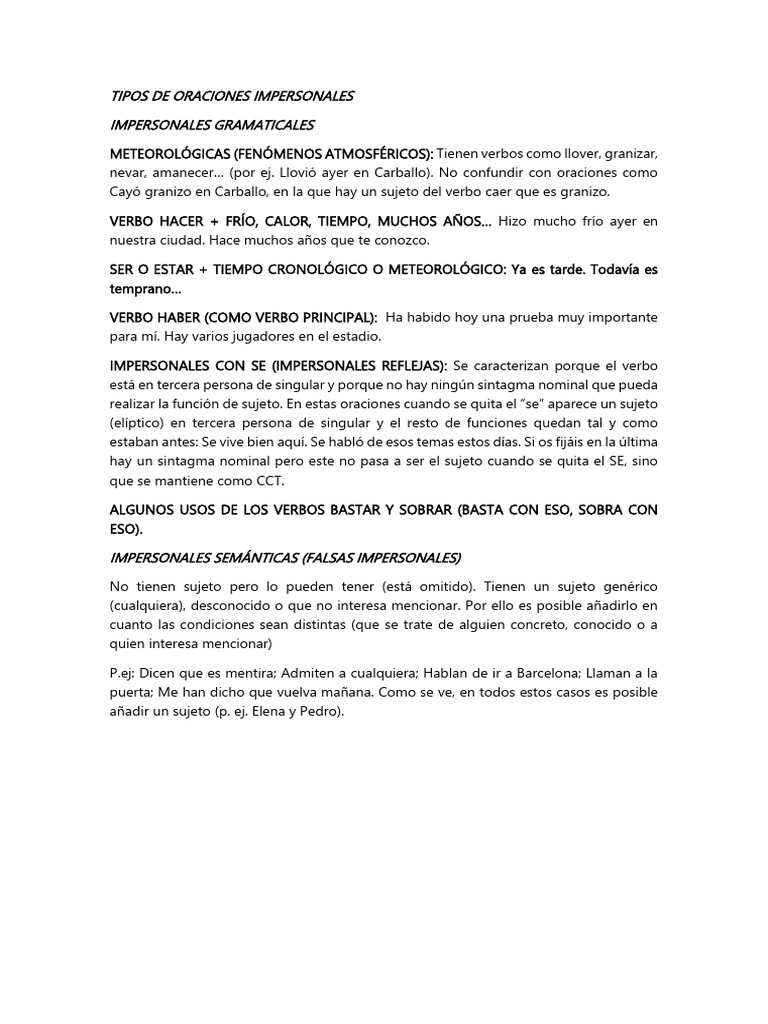 Tipos de Oraciones Impersonales | PDF | Artes del Lenguaje y Comunicación
