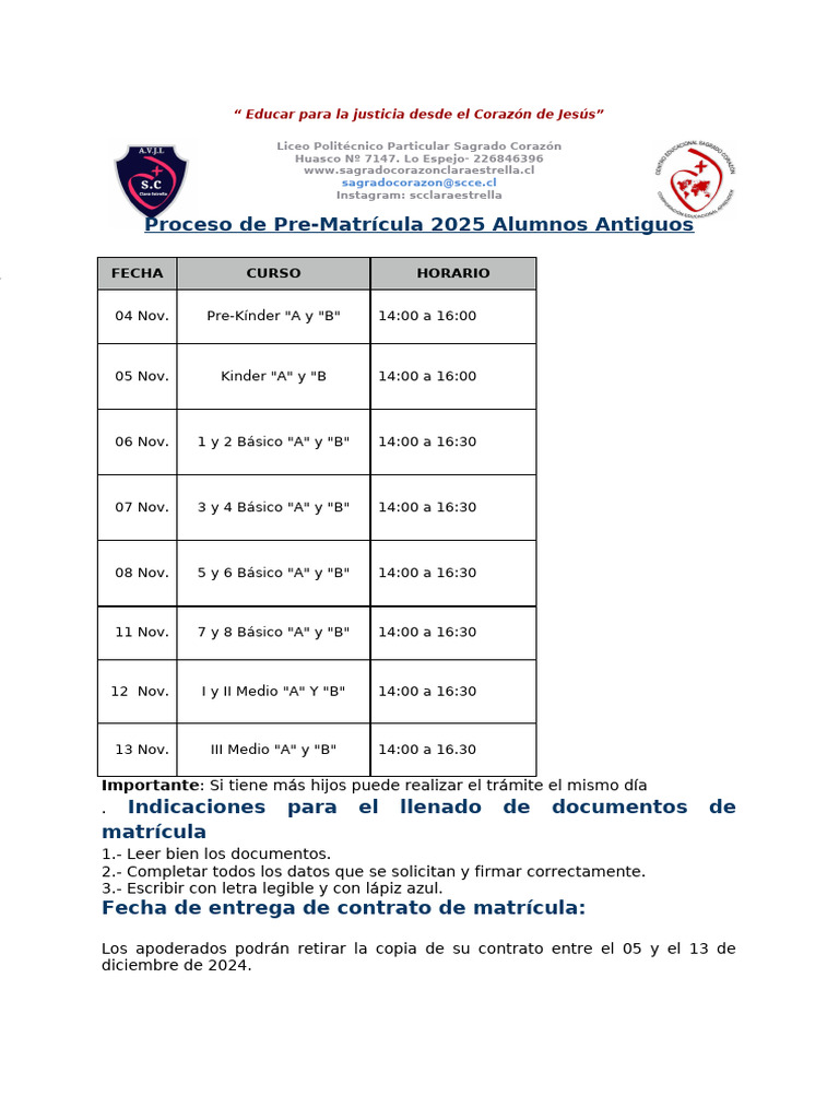 Pre-Matrícula 2025: Liceo Sagrado Corazón | PDF