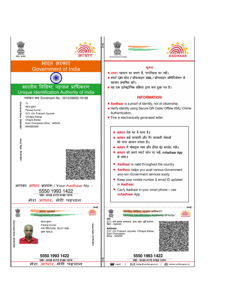 Pankaj Kumar's Aadhaar Card Details | PDF