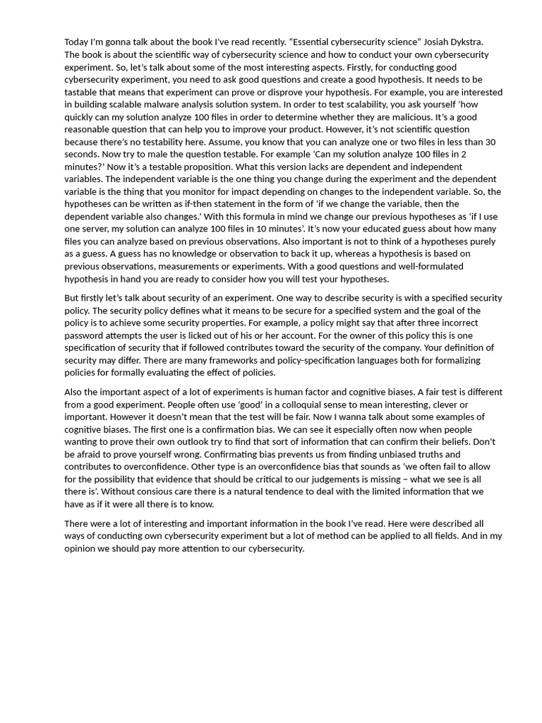 Cybersecurity Experimentation Insights | PDF | Hypothesis | Experiment