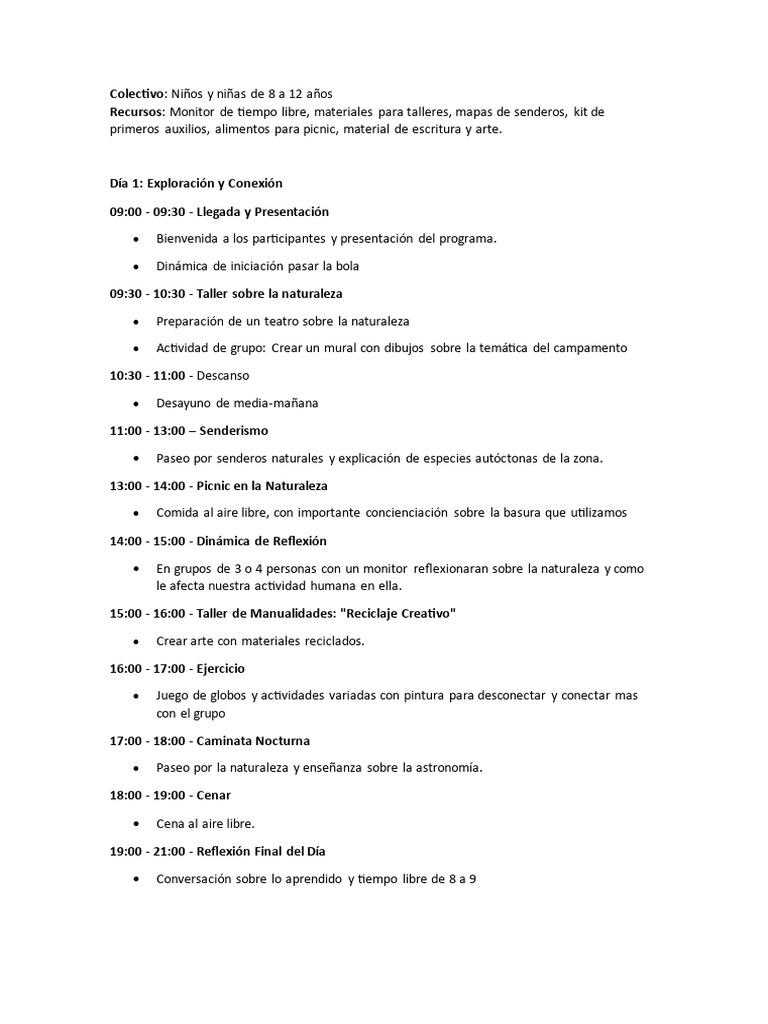 Campamento Infantil: Naturaleza y Creatividad | PDF | Ciencias sociales ...