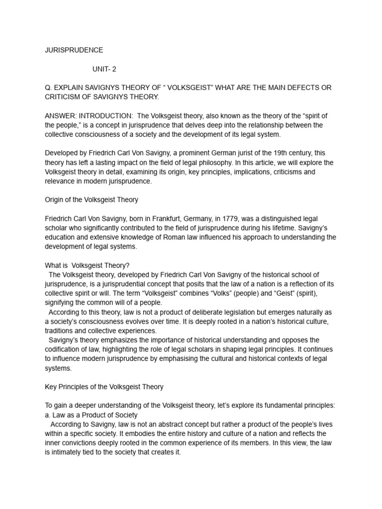 Savigny's Volksgeist Theory Explained | PDF | Jurisprudence | Positivism
